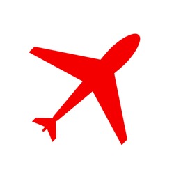 Web icon of airplane, plane. Airport icon, red airplane shape isolated on white. Flat airplane. Travel icon, shape, label, symbol. Graphic element vector. Vector design element for logo, web and print