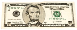 5 US dollars banknote made in 2003. Abe Linkoln portrait