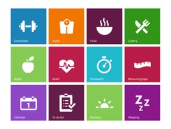 Fitness icons on color background. Vector illustration.