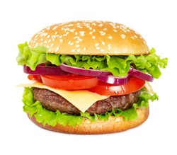 Classic cheeseburger with beef, cheese, bacon, tomato, onion and lettuce isolated on white background.