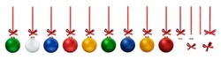 A collection of colourful Christmas Bauble decorations in Matte and Glitter hanging from red ribbon bows with each design element isolated against a white background.