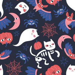 Seamless pattern with pumpkins, cats and ghosts on navy blue background. Vector Halloween texture in flat style. Halloween cat and pumpkin repeated pattern design.