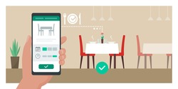 Restaurant virtual reservation: user booking a table at the restaurant using a mobile app on his smartphone