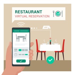 Restaurant virtual reservation: user booking a table at the restaurant using a mobile app on his smartphone