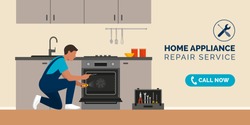 Expert repairman fixing a broken oven in a kitchen, home appliance repair service concept