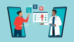 Online doctor and telemedicine: woman connecting with a doctor online using a smartphone app and having a professional medical consultation