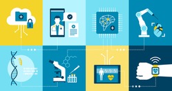 Healthcare and medicine innovation and research icons set