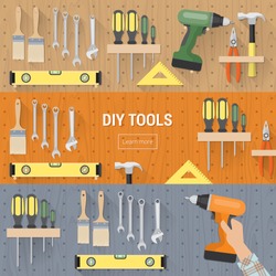 DIY tools for carpentry and home renovation hanging on a pegboard, banners set