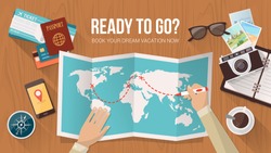 Explorer planning a trip around the world, he is tracing the route on the map, travel and adventure concept