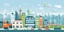 Smart city with contemporary buildings, people and traffic; networks, connection and internet of things icons on top