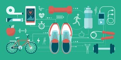 Fitness; sports and healthy lifestyle concept: training shoes and sports equipment connecting together