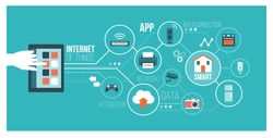 Internet of things and home automation concept: user connecting with a smartphone and interconnecting with everyday objects on a network