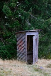 Green Country toilet in the open air. Wooden structure for outdoor toilet. Cabin - Toilet in the woods in nature                               