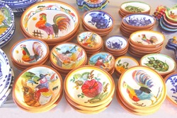 Display of Portuguese ceramic pottery, flea market Mercado da Ribeira, Lisbon, made in Portugal