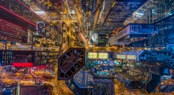 Hong Kong Skylines at night from aerial view