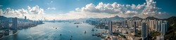 Panoramic view of Hong Kong City from sky on Lei Yue Mun