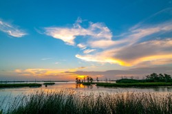 A colorful sunset of yellow, orange and blues in the Louisiana swamps along the Mississippi River with clouds in the blue sky and reeds in the foreground. 