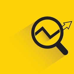 data analytics and graph, magnifeir glass drop shadow on yellow background