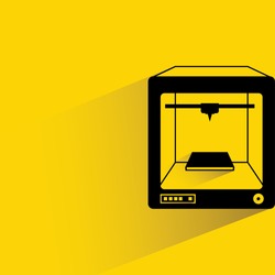 3D printer on yellow background, flat and shadow theme, 
