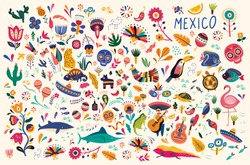 Mexican decorative vector pattern. Map of Mexico with traditional symbols and decorative elements.