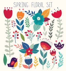 Beautiful vector collection with flowers and leaves. Spring art print with botanical elements