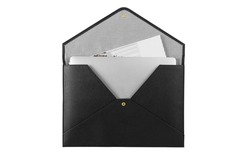 An envelope shaped open black leather file folder isolated on white background.