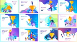 Business Team Success hold Golden winner cup, concept of people are happy with victory. Office Workers Celebrating with Big Trophy, ways goals, first place in business, financial growth. Landing page