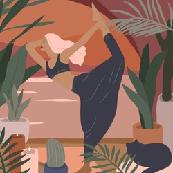 Cute girl doing yoga poses. Lifestyle by young woman in home interior with homeplants. Fashion illustration by femininity, beauty and mental health. Feminine cartoon illustration