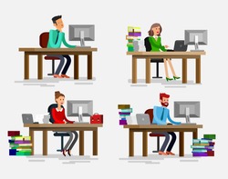 Vector detailed character corporate business team people  sitting behind desk. Office worker. Men and women, cool flat  illustration. Vector business Office worker character 