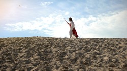 Moses with staff hardly walking in sands, exhausted ascetic fasting to save soul