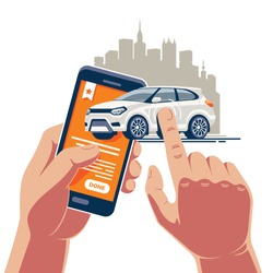 Fast vehicle operations with a mobile application on the Internet. A white car is bought and sold in one touch on a smartphone.