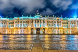 Facade of the Winter Palace, house of the Hermitage Museum, iconic landmark in St. Petersburg, Russia
