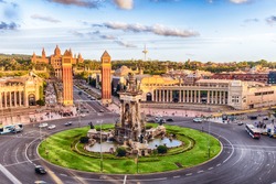 Aerial view of Placa d'Espanya, towards the Venetian Towers and the National Art Museum. This iconic square is located at the foot of Montjuic and it's a major landmark in Barcelona, Catalonia, Spain