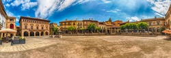 Panoramic view of Plaza Mayor, main square in Poble Espanyol, an open-air architectural museum on the Montjuic hill in Barcelona, Catalonia, Spain