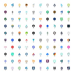Set of hundred cryptocurrency logos, full names and official symbols in layers panel