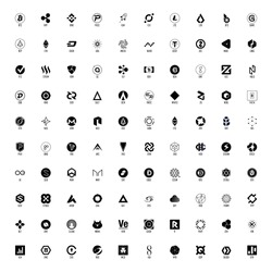 Set of hundred cryptocurrency logos, black and white, full names and official symbols in layers panel