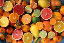 Citrus fruits background (orange, lemon, grapefruit, mandarin, lime)