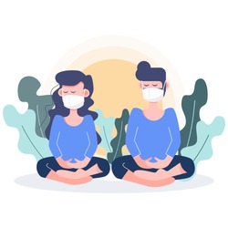 People stay at home wearing mask meditation in shelter place during covid-19 coronavirus outbreak. flat character design abstract people. health care and medical vector.