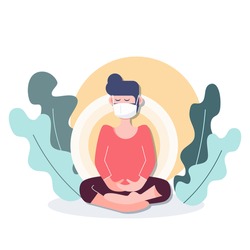 People stay at home wearing mask meditation in shelter place during covid-19 coronavirus outbreak. flat character design abstract people. health care and medical vector.