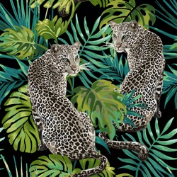 Seamless pattern of leopard and tropical leaves on a black background.