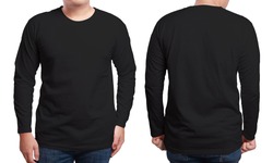 Black long sleeved t-shirt mock up, front and back view, isolated. Male model wear plain black shirt mockup. Long sleeve shirt design template. Blank tees for print