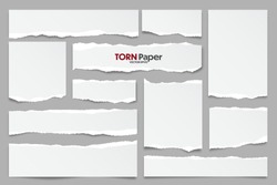 White ripped paper strips collection. Realistic paper scraps with torn edges. Sticky notes, shreds of notebook pages. Vector illustration.
