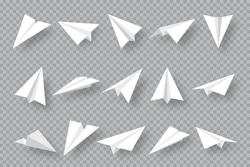 Realistic handmade paper planes collection on transparent background. Origami aircraft in flat style. Vector illustration.