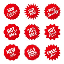 Realistic red tilted price tags collection. Special offer or shopping discount label. Retail paper sticker. Promotional sale badge. Vector illustration.
