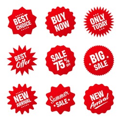 Realistic red tilted price tags collection. Special offer or shopping discount label. Retail paper sticker. Promotional sale badge. Vector illustration.