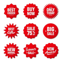 Realistic red price tags collection. Special offer or shopping discount label. Retail paper sticker. Promotional sale badge. Vector illustration.