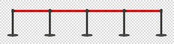 Realistic retractable belt stanchion on transparent background. Crowd control barrier posts with caution strap. Queue lines. Restriction border and danger tape. Vector illustration.