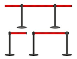 Realistic vector retractable belt stanchion. Crowd control barrier posts with caution strap. Queue lines. Restriction border and danger tape.
