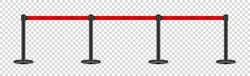 Realistic retractable belt stanchion on transparent background. Crowd control barrier posts with caution strap. Queue lines. Restriction border and danger tape. Vector illustration.
