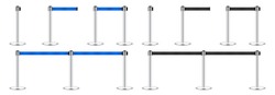 Realistic blue and black retractable belt stanchions. Crowd control barrier posts with caution strap. Queue lines. Restriction border and danger tape. Attention, warning sign. Vector illustration